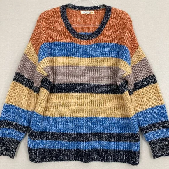 C&C California Color Block Crew Neck Multi Color Cozy Relaxed Sweater 1X - Picture 1 of 9